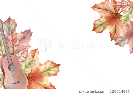 Rectangular frame with guitar and maple leaves. Isolated watercolor illustration of a musical instrument in a realistic style for decorating invitations, labels, cards and posters. 129614985