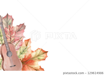 Rectangular frame with guitar and autumn leaves. Isolated watercolor illustration of musical instrument in realistic style for design of invitations, labels, cards and posters. 129614986