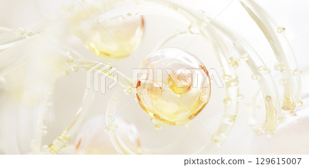 Gold liquid cosmetic skin care 3d background. Argan oil drop texture with bubble, wave and splash. Collagen serum, retinol vitamin, hyaluron essence. Yellow transparent gel or water. 3D illustration 129615007