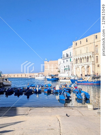 A harbor with blue boats and white townscapes | Mediterranean scenery in Italy with a clear blue sky 129615049