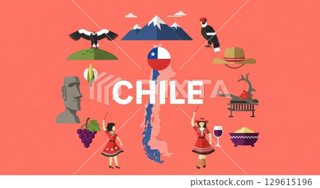 Chile Travel and Culture Vector Illustration with National Symbols 129615196