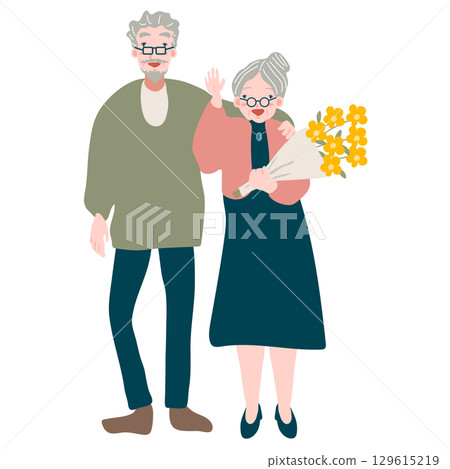 Senior couple smiling and waving (Respect for the Aged Day senior couple) Senior couple smiling and waving (Respect for the Aged Day senior couple) 129615219