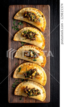 Delicious Empanadas Served on a Rustic Wooden Board with Fresh Parsley. 129615374