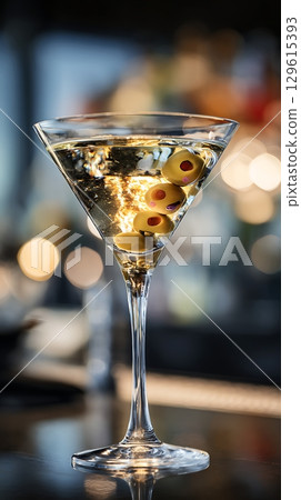 Martini with Olives and Blurred Bokeh Lights 129615393