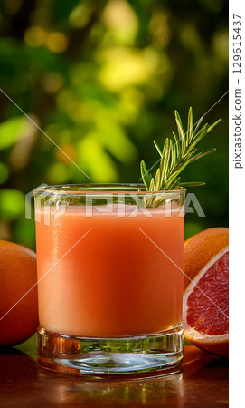 Refreshing Grapefruit Juice with Rosemary Garnish Outdoors. 129615437