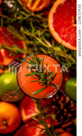 Refreshing Citrus Cocktail with Fresh Rosemary and Grapefruit Garnish. 129615438