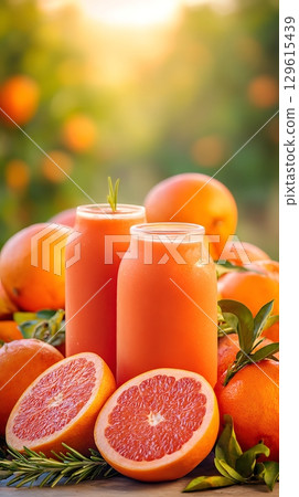 Fresh Grapefruit Juice and Oranges in the Sun. 129615439