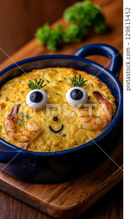 Funny Face Shrimp Dish for Kids Meal Time Fun. Funny Face Shrimp Dish for Kids Meal Time Fun. 129615452