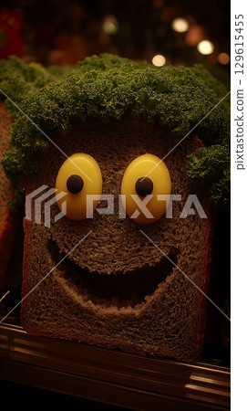Friendly Food Face Made of Bread and Greens with Bright Eyes. Friendly Food Face Made of Bread and Greens with Bright Eyes. 129615455