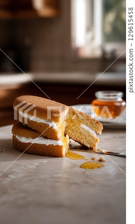 Delicious Honey Cake with Cream Filling Drizzling Sweetly. Delicious Honey Cake with Cream Filling Drizzling Sweetly. 129615458
