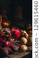 A Glass of Vibrant Beet Juice Surrounded by Fresh Root Vegetables. 129615460