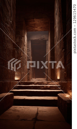 Ancient pyramid interior dimly lit with hieroglyphs, dusty stone steps, mysterious atmosphere 129615470