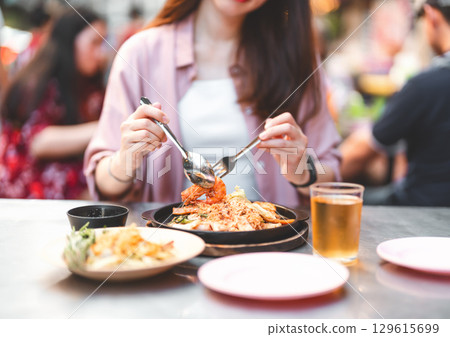 Stir fry thai sukiyaki glass noodles with seafood street food famous menu in Thailand 129615699