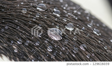 Water droplets on bird feather with natural macro photography detail 129616039