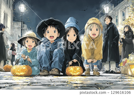 萬聖節之夜,孩子們盛裝打扮,玩得開心 萬聖節之夜,孩子們盛裝打扮,玩得開心 129616106