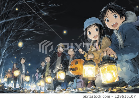 Elementary school students doing trick-or-treating on Halloween 129616107