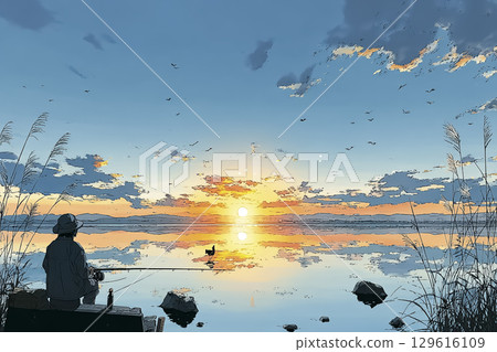 An angler enjoying fishing on the lake at dusk in autumn 129616109