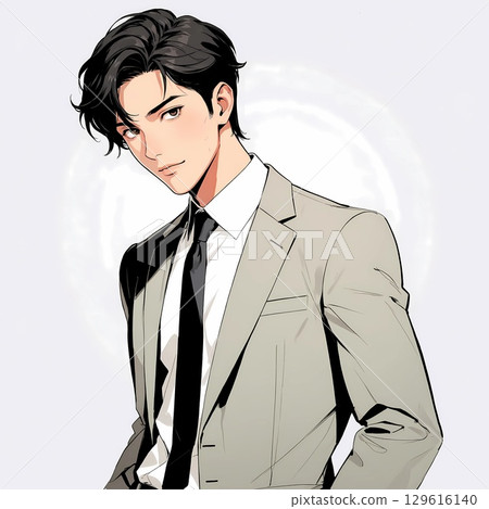 A diagonal pose of a young male businessman wearing a gray suit and black tie (white background) 129616140