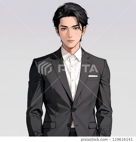 Frontal portrait of a young male businessman wearing a black suit (white background) 129616141