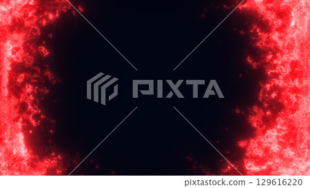 Abstract red glowing border forming a dynamic, sci-fi frame with dark center and textured energy particles 129616220