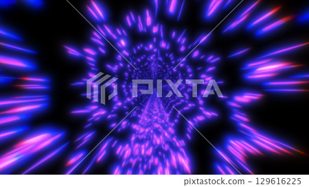 Abstract tunnel of glowing violet and blue light beams converging into a vanishing point 129616225