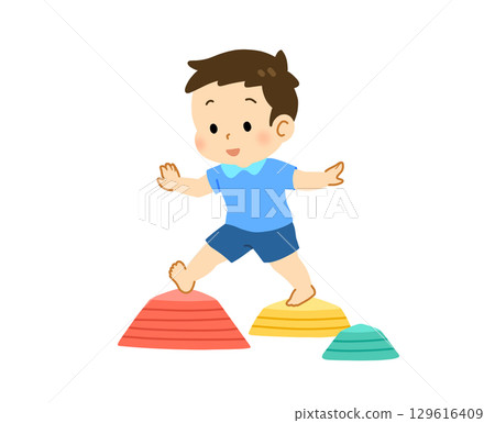Illustration of a boy walking on a balance stone Illustration of a boy walking on a balance stone 129616409
