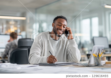 Freelancer or entrepreneur taking notes while on the phone, organized desk, urban creative office 129616493