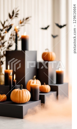 Autumn-themed display featuring pumpkins and candles on black pedestals, creating a cozy atmosphere with Halloween decorations and soft fog 129616664