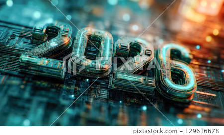 Futuristic 3D illustration of the year 2026, featuring intricate digital circuitry and glowing elements, symbolizing technology and innovation 129616678