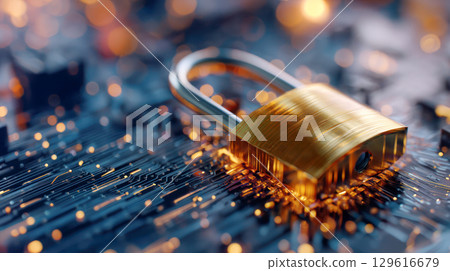 Golden padlock resting on a circuit board with glowing lights, symbolizing cybersecurity and digital protection in a modern technology environment 129616679