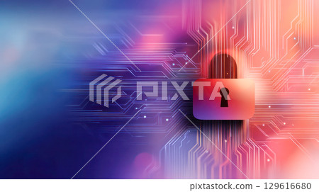 Digital lock symbol on a vibrant abstract background with circuit patterns, representing cybersecurity and data protection in modern technology 129616680