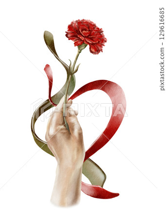 Portuguese revolution of carnations symbols red flower upward-raised hand with ribbons colored national flag symbolizing freedom,peaceful change in the nation's life,and democracy.Watercolor clipart Portuguese revolution of carnations symbols red flower upward-raised hand with ribbons colored national flag symbolizing freedom,peaceful change in the nation's life,and democracy.Watercolor clipart 129616685