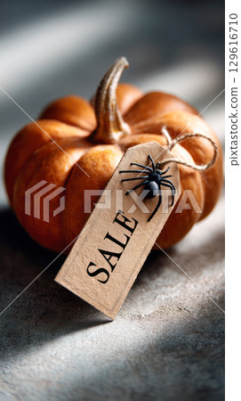 Pumpkin with sale tag and spider decoration on textured surface, creating a seasonal atmosphere for autumn promotions and festive marketing ideas 129616710