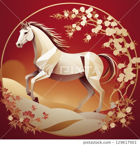 [Design Material] Geometric Red Horse with Flowers 129617001