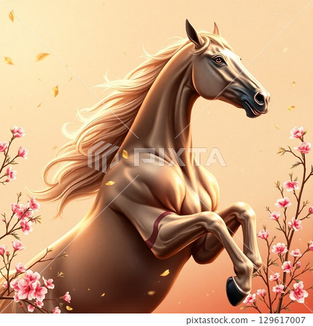 [設計素材]金鬃紅馬插畫 129617007