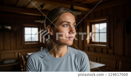 Confident Young Woman in Modern Wooden Interior Looking Away Thoughtfully Confident Young Woman in Modern Wooden Interior Looking Away Thoughtfully 129617008