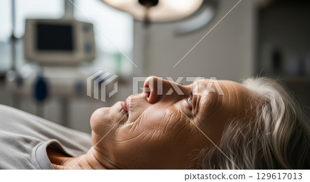 Senior patient lying in hospital bed with medical equipment 129617013