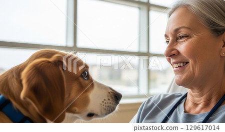 Senior Woman Bonding with Golden Retriever Dog at Home 129617014