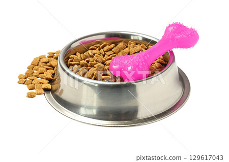Bowl of pet food and toy for playtime, isolated on white, PNG Bowl of pet food and toy for playtime, isolated on white, PNG 129617043