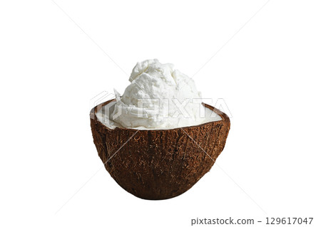Coconut ice cream in a shell, isolated on white, PNG Coconut ice cream in a shell, isolated on white, PNG 129617047
