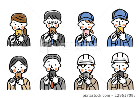 Illustration set of people in work clothes operating smartphones Illustration set of people in work clothes operating smartphones 129617093