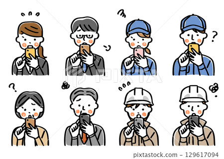 Illustration set of a person in work clothes operating a smartphone _ troubled 129617094