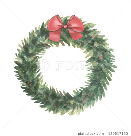Fir wreath with gold splashes, bow-knot. Hand-painted watercolor illustration of winter decor isolated on white background. Perfect for holiday cards, invitations, branding, packaging, holiday design 129617150
