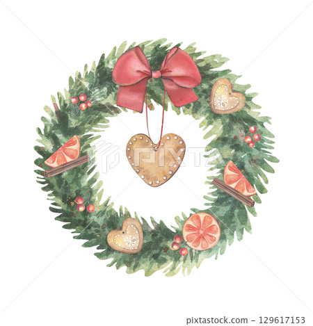 Fir wreath, bow-knot, cookies, orange slices, cinnamon sticks, berries. Hand-painted watercolor illustration isolated on white for holiday cards, invitations, branding, packaging, holiday design 129617153