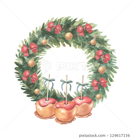 Fir wreath with bow-knots, balls, caramel apples. Hand-painted watercolor illustration of winter decor isolated on white background for holiday cards, invitations, branding, packaging, holiday design 129617156