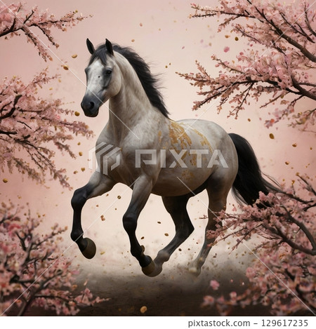 [Design Material] Golden Mane Horse and Flower Art 129617235