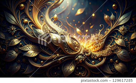 Gold decorative leaves and flowers fantasy design with glittering embellishments 129617285