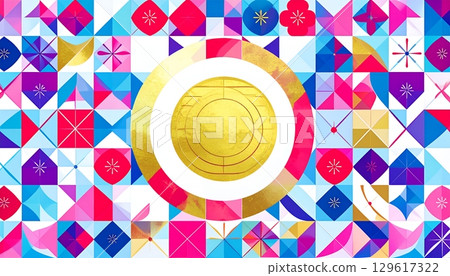 Colorful geometric pattern with a golden circle at the center Colorful geometric pattern with a golden circle at the center 129617322