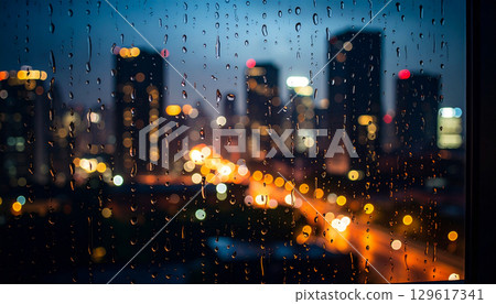 Blurred cityscape seen through rain-stained glass 129617341