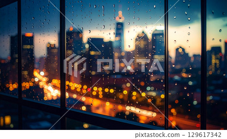 Blurred cityscape seen through rain-stained glass 129617342